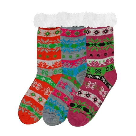 

Womens Bright Color Snowflake Print 3-Pack Sherpa Slipper Socks