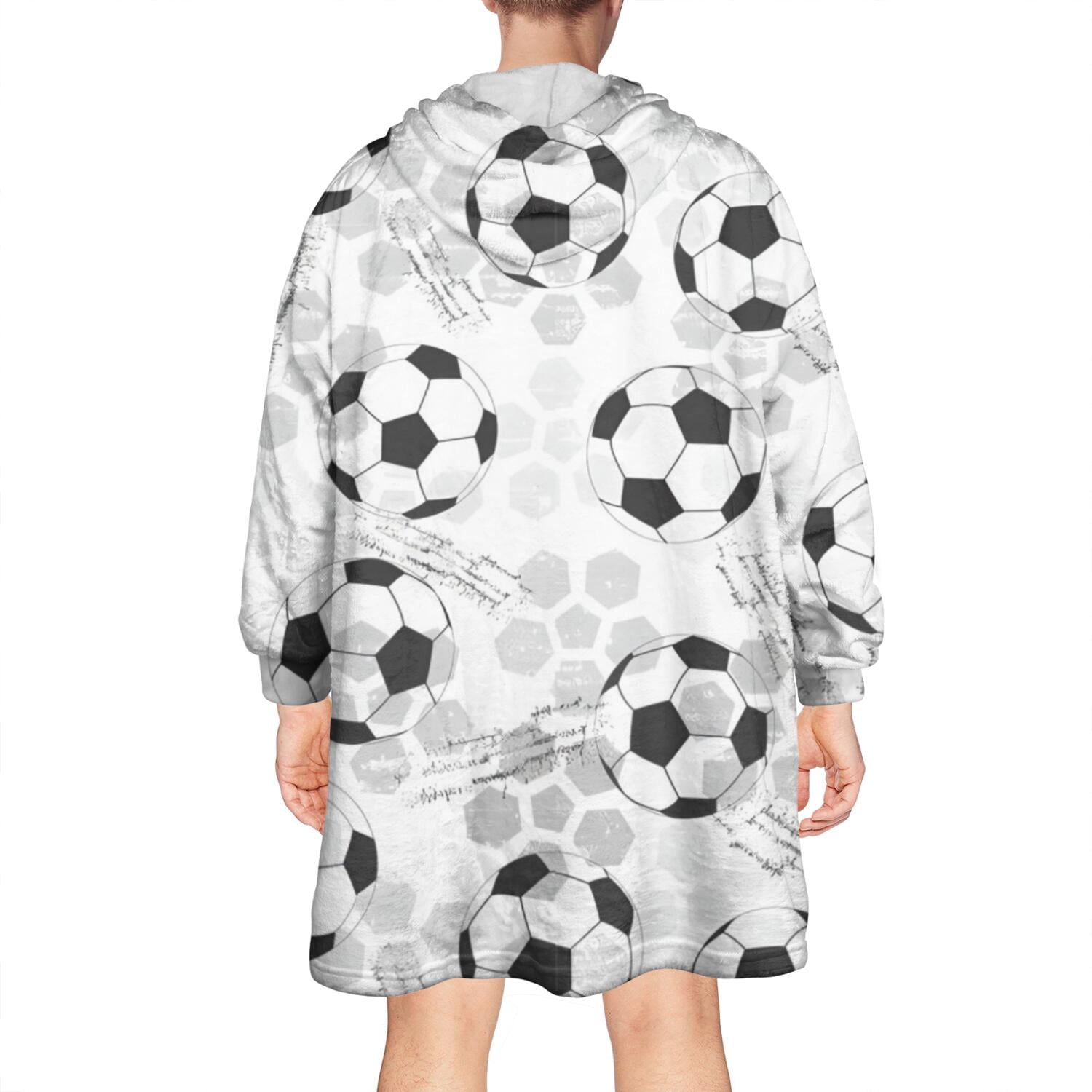 Gray Soccer Balls Pattern Wearable Oversized Blanket,Wearable Blanket Hoodie for Adults,Cozy Hooded Blankets with Super Pockets,Super Warm Fuzzy Pullover for Women & Men