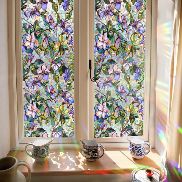 Película para ventana de vidrio tintado de 39,4 x 17 pulgadas, calcomanías decorativas 3D con arcoíris, no adhesivas, con control de calor, vinilo UV, bloqueador solar, resistente a los rayos UV.