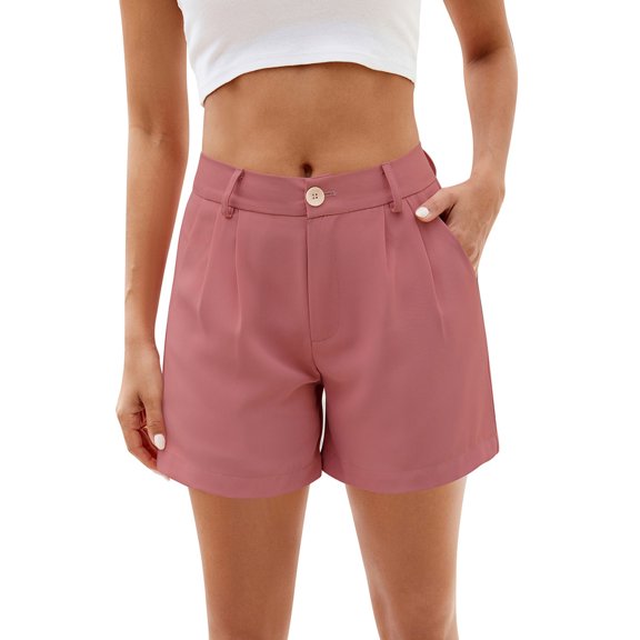 BLVB Summer Shorts for Women Button High Waisted Casual Pleated Solid Color Work Office Lounge Shorts with Pockets
