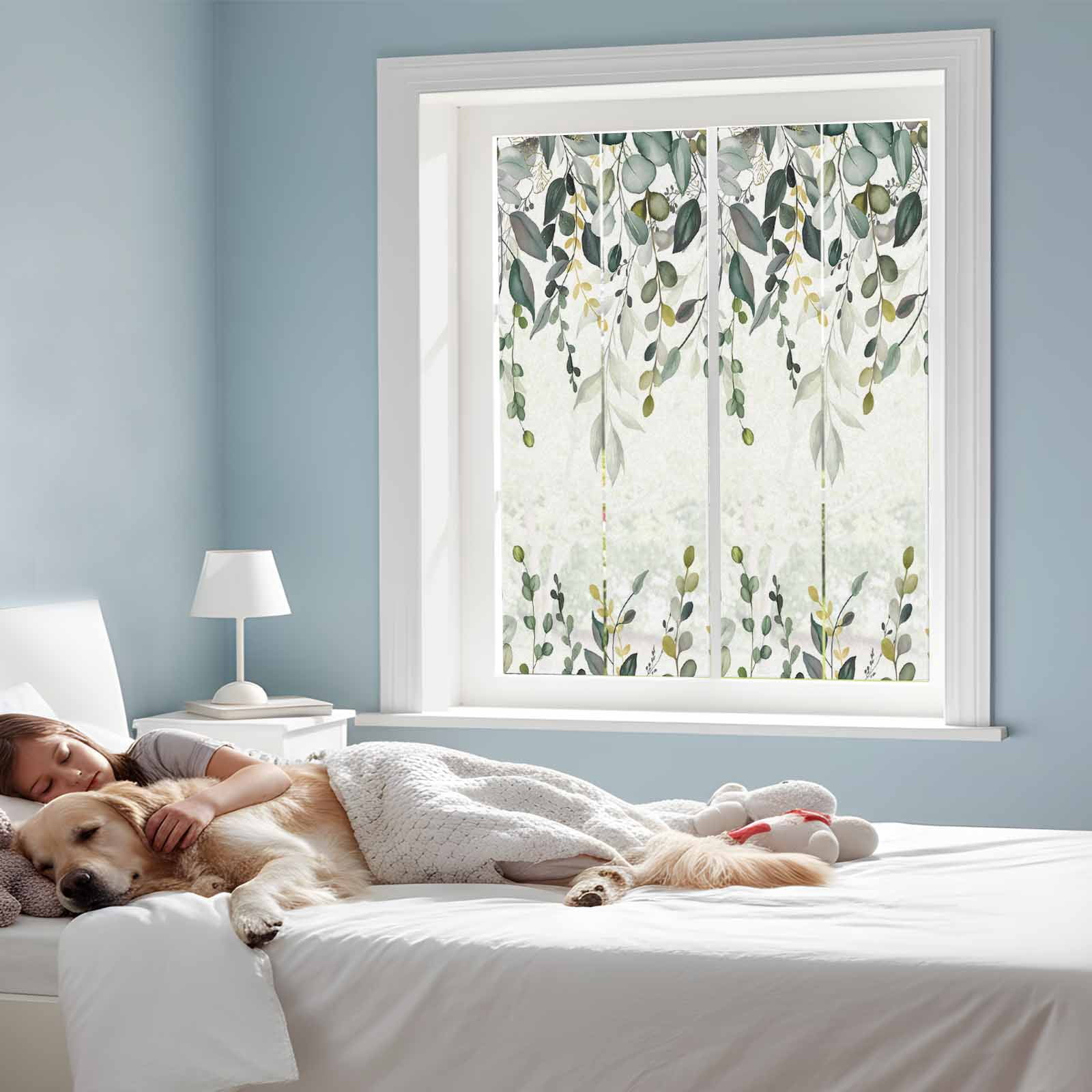 Removable Glass Window Covering, Gray Green Eucalyptus Leaves Window Privacy Film Frosted, Farmhouse Botanical Watercolor Decorative Privacy Windows Film for Bedroom, Living Room, 19.6 x 39.3 Inches