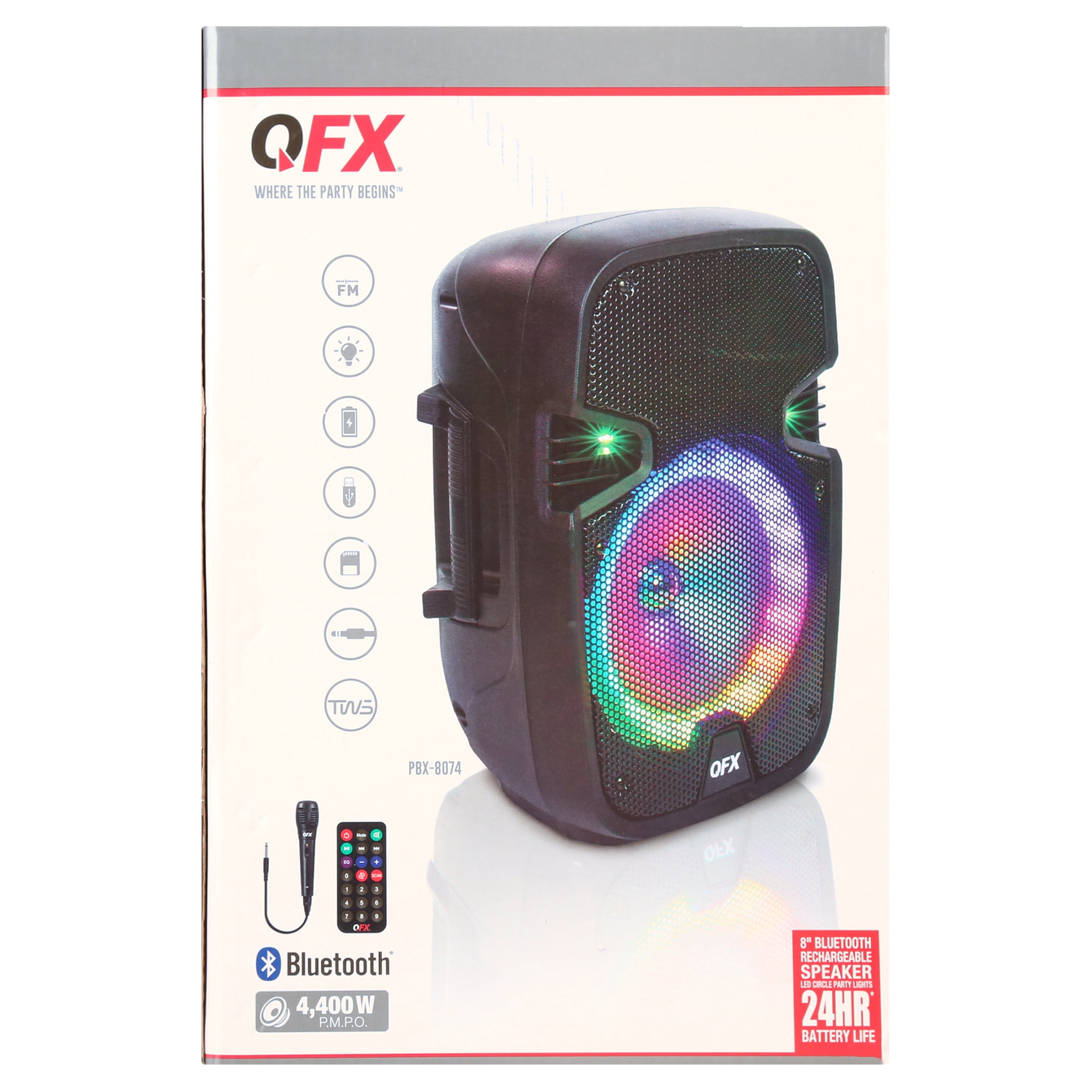 QFX 8" Portable Bluetooth Party Speaker, Bonus Microphone, Battery Powered , LED Lights, WMX-8074