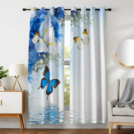 96 L Room Decor Window Curtains Blue, White Living Room Curtains