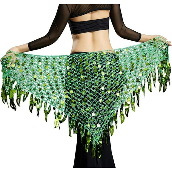 Zhuge Women's Belly Dance Hip Scarf, Sequin Mesh Triangle Wrap Skirt, Green
