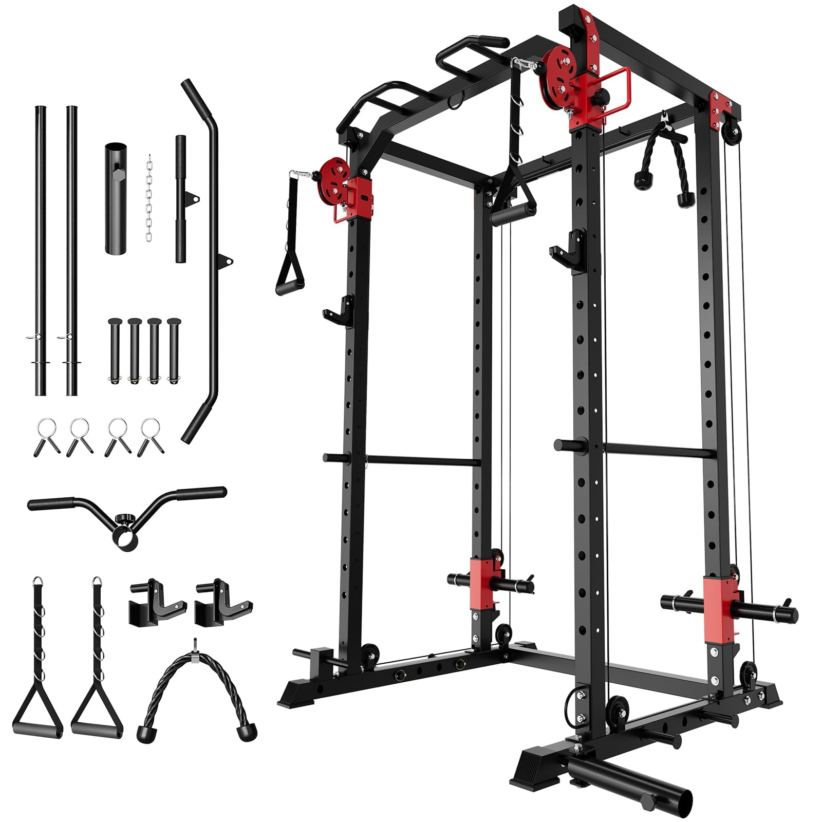 Heavy Duty Power Cage with Dual Pulley System – 1600LBS Capacity Squat Rack – Cable Crossover & LAT Pulldown – Multi-Functional Strength Training Equipment for Full Body Workout