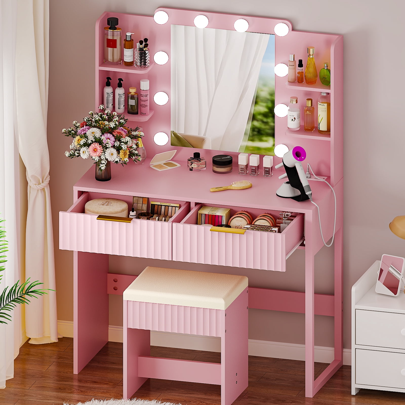 Ktaxon Lighted Makeup Vanity and Stool, Pink Vanity Table Set with 2 Drawer and Charging Station, Femal Gift