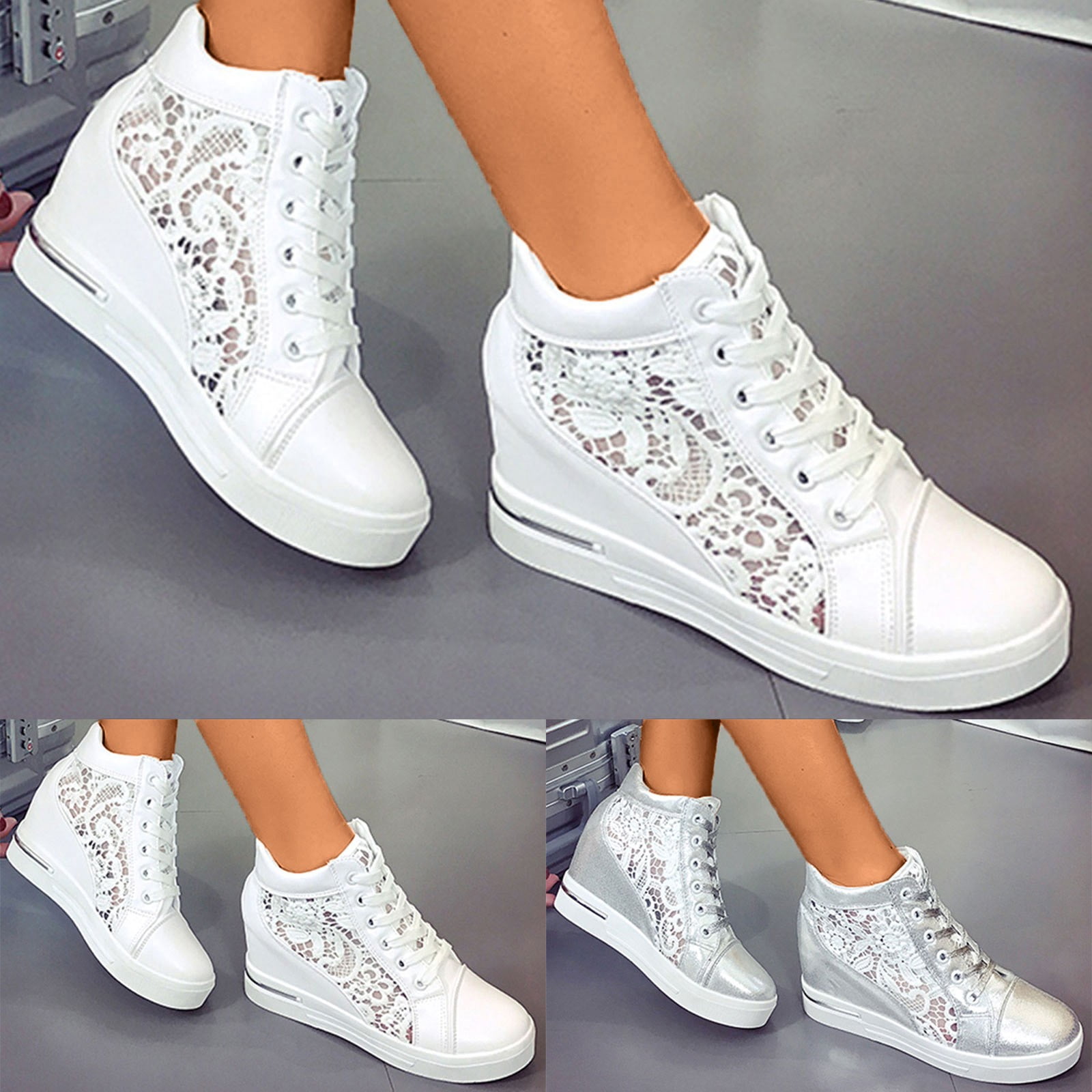 Platform High Top Fashion Sneakers for Women with Hidden Wedge High Heels Casual Canvas Shoes