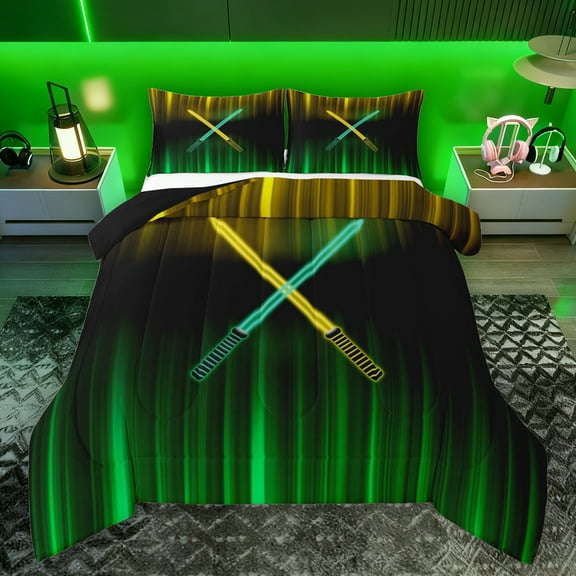 Manfei Neon Light Sword Bedding Comforter Set,Cartoon Lightsaber Twin Comforter Sets,Green Yellow Black Bedding Set For Kids,Luxury Bedroom Decor Reversible,2 Pieces