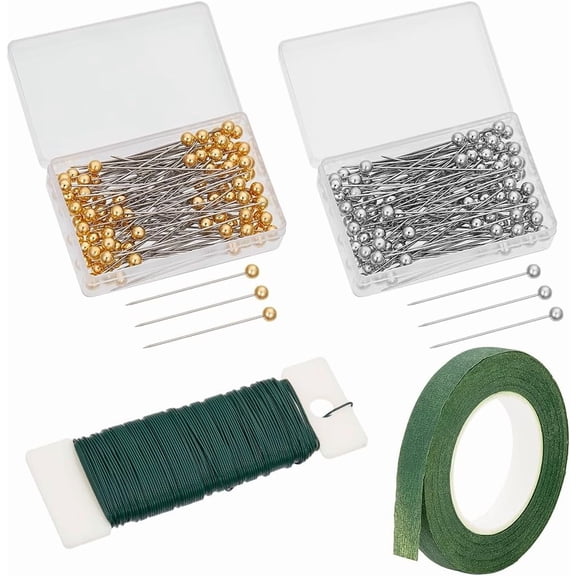 1 Set Floral Arrangement Kit 1/2In-88FT Floral Tape and 20G-98FT Floral Wire and 200Pcs Ball Head Pin