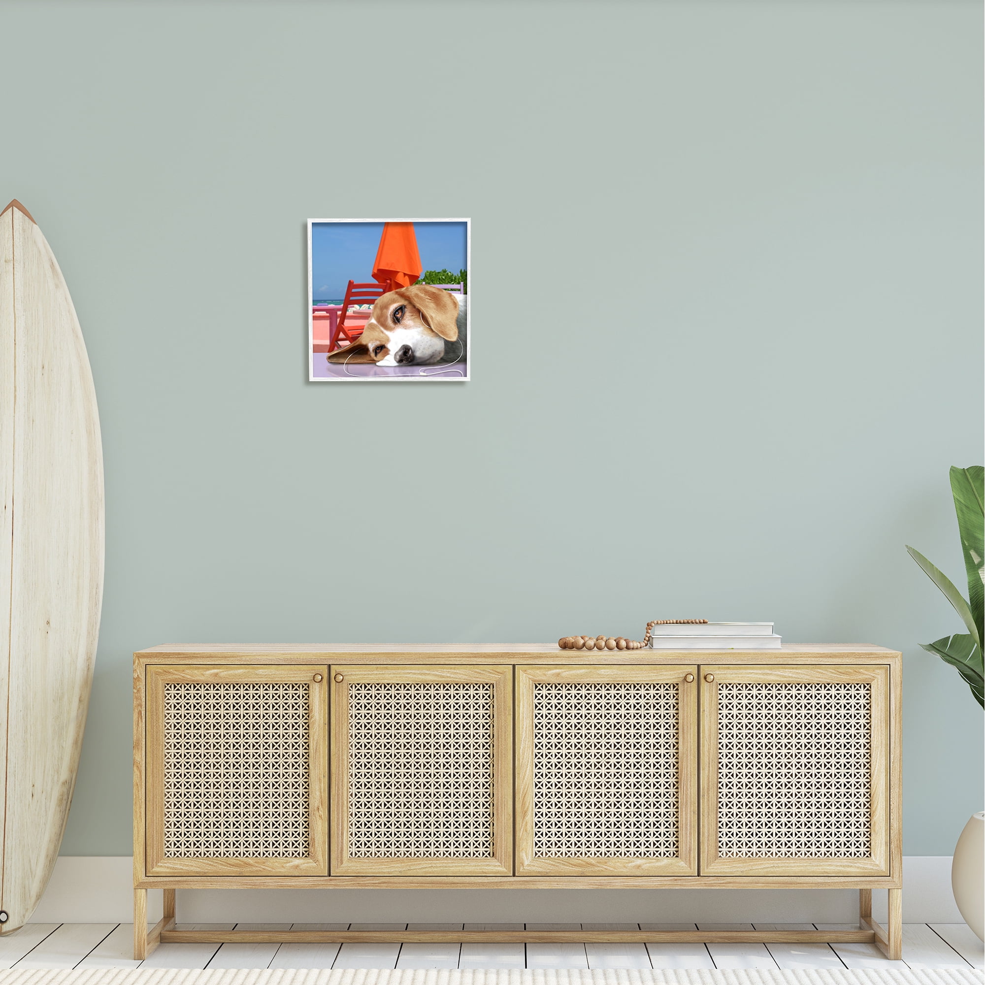 Stupell Industries Tired Dog Laying Music Headphones Summer Beach Graphic Art White Framed Art Print Wall Art, Design by Noah Bay