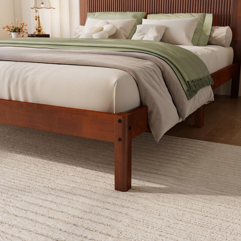 Queen Size Wood Bed Frame with Wave-Fluted Headboard, Low-Profile Platform Bed with Central Support Legs and Under-Bed Space