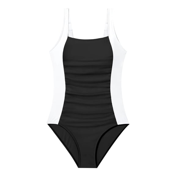 Ticikt Girl Swimsuit One Piece Bathing Suit for Girls Color Block Ruched Adjustable Straps Padded Swimwear for ,Color:Black,Size:11-12 Years