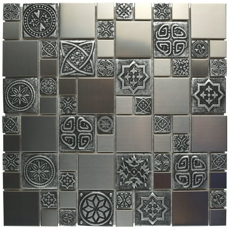 SomerTile Meta Versailles 11-3/4 in. x 11-3/4 in. x 8 mm Stainless Steel Metal Over Ceramic Mosaic Tile