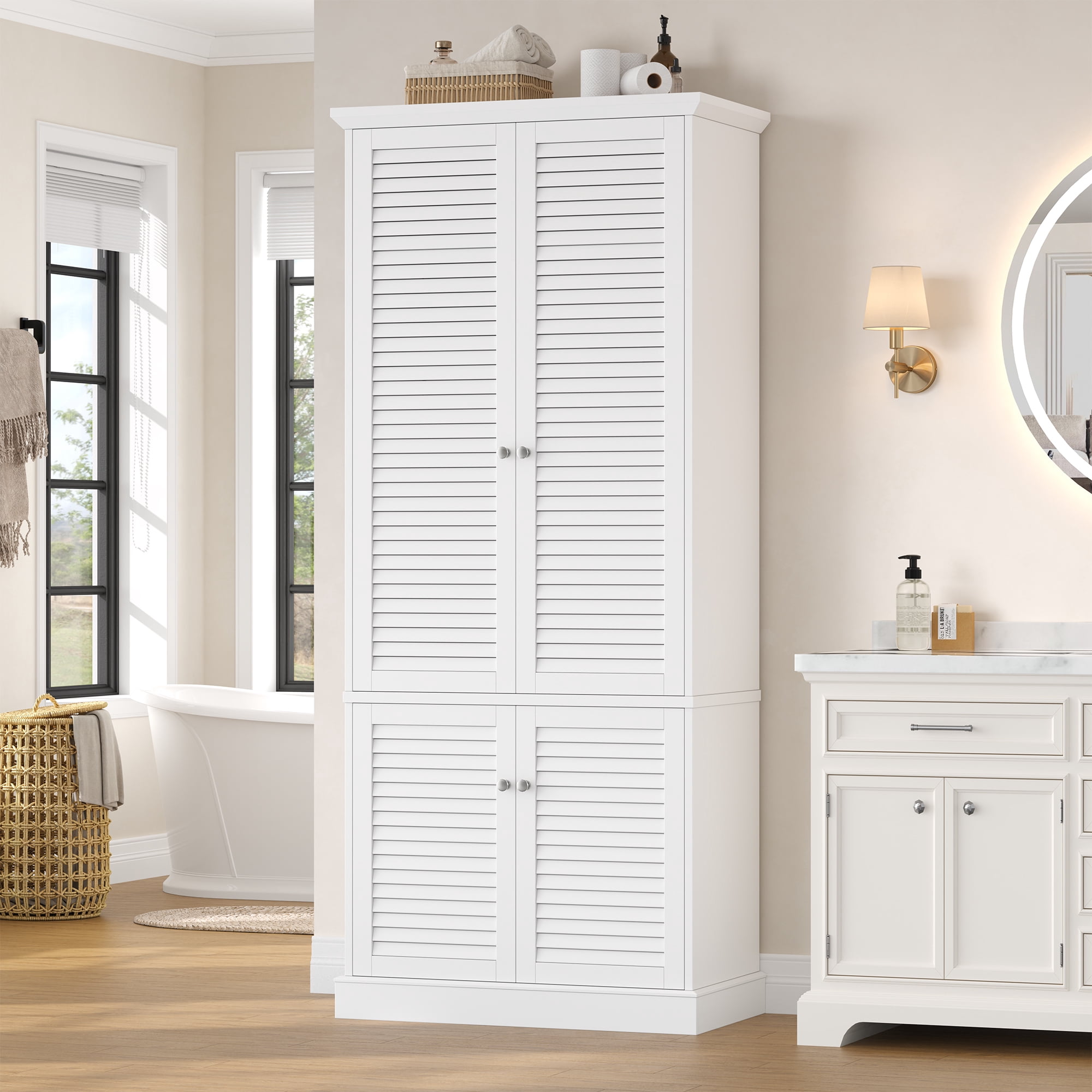 Homfa 70.9'' Tall Kitchen Pantry with Adjustable Shelf, Coastal 4 Louvered Doors Pantry Storage Cabinet for Dining Room, White