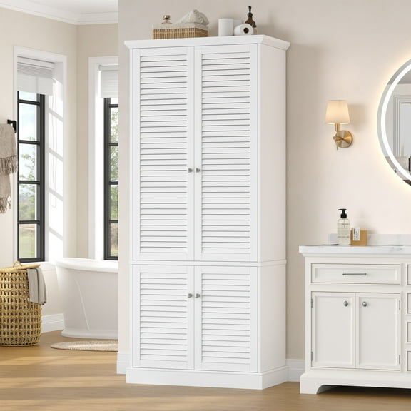 Homfa Linen Cabinet, 70.9"H Coastal Bathroom Storage Cabinet with 4 Louvered Doors, White