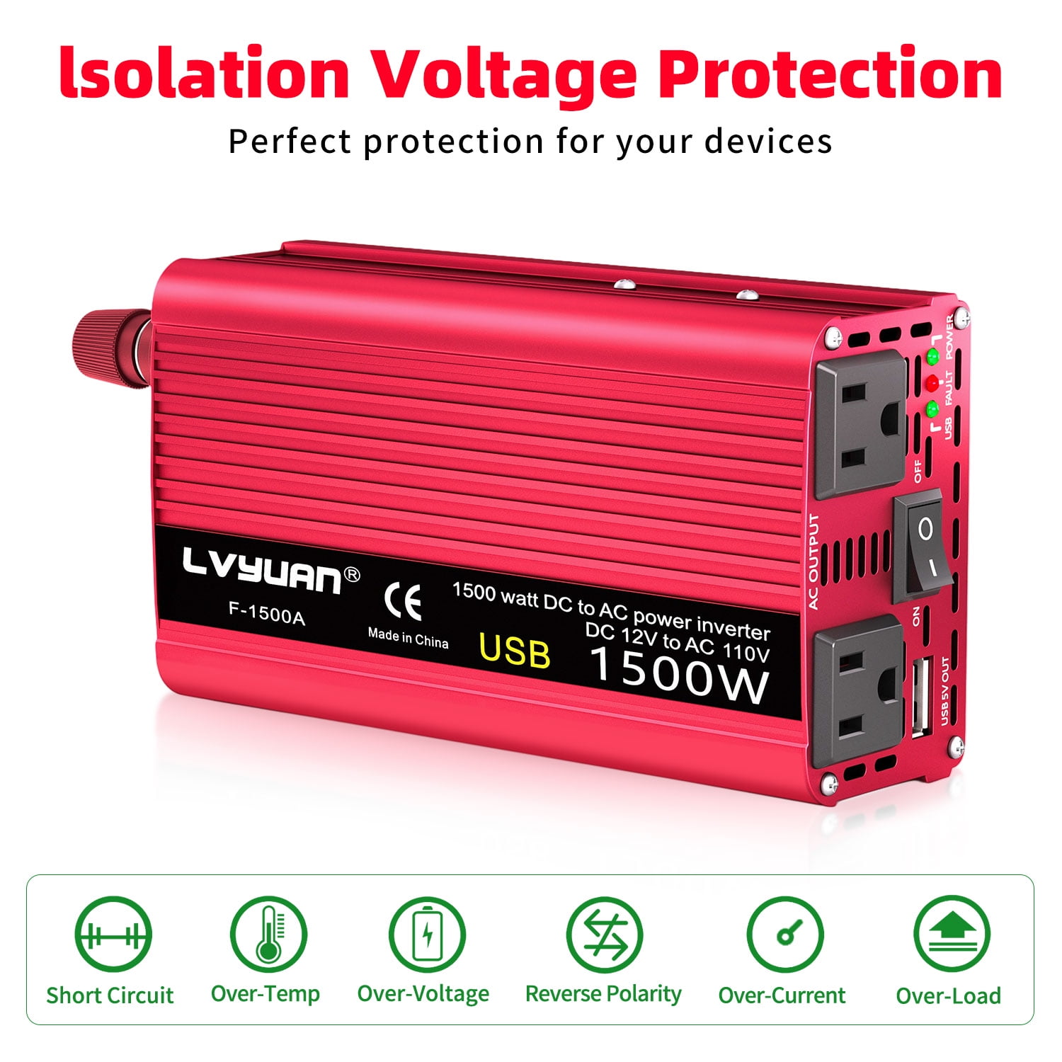 LVYUAN 1500 Watts Peak Power Inverter Car Converter Adapter USB Charger Modified Sine Wave DC 12v to AC 110V Red