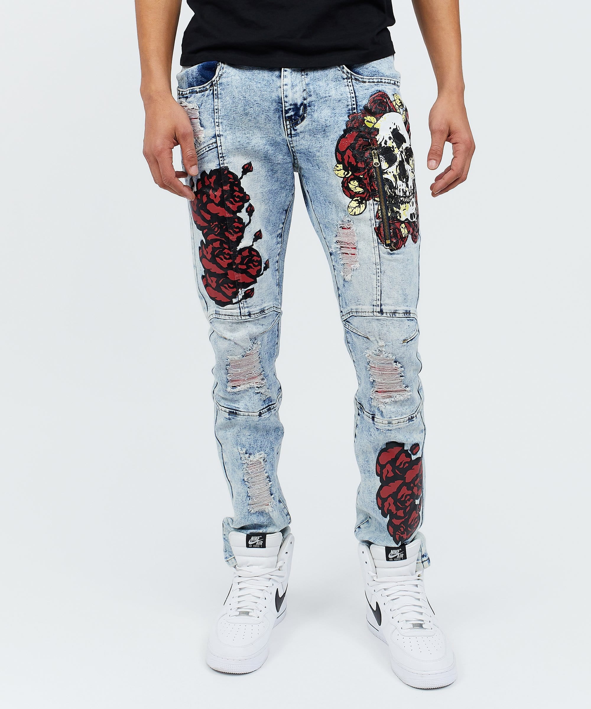 SKULL ROSE GRAPHIC PRINT PATCHED ZIPPER 