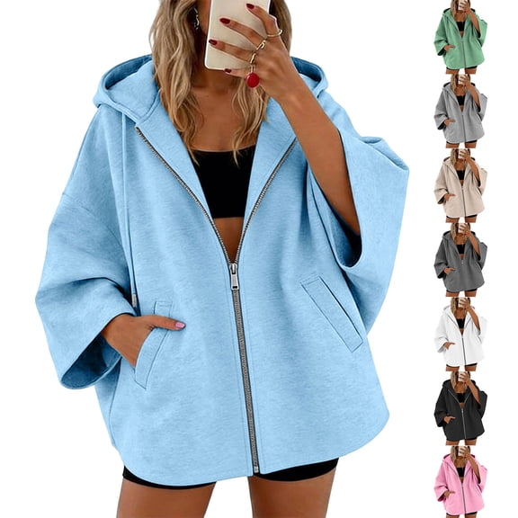 Women's Oversized Hooded Sweatshirt Jacket Soft Fleece Lined Batwing Long Sleeve Zip Up Hoodie Casual Fall Winter Layering Outer Coat White
