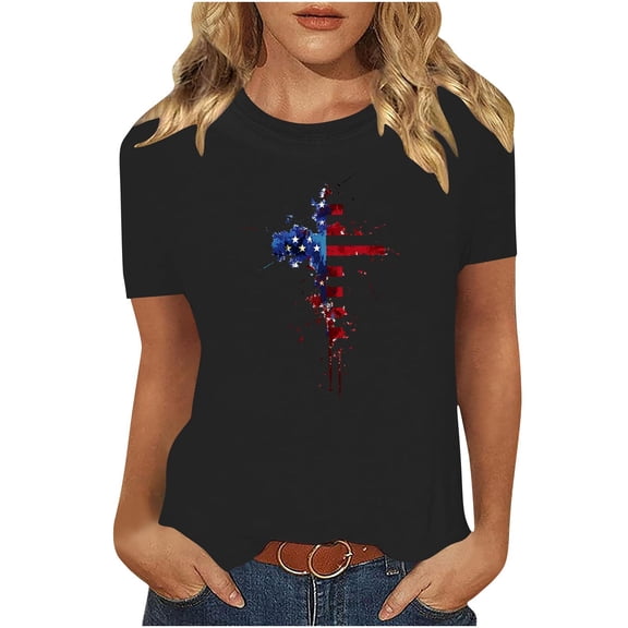 successthop 4th of July Clothes Women Red Blue White Plus Size Crewneck T Shirt Casual Shirts Short Sleeve Tops Black M