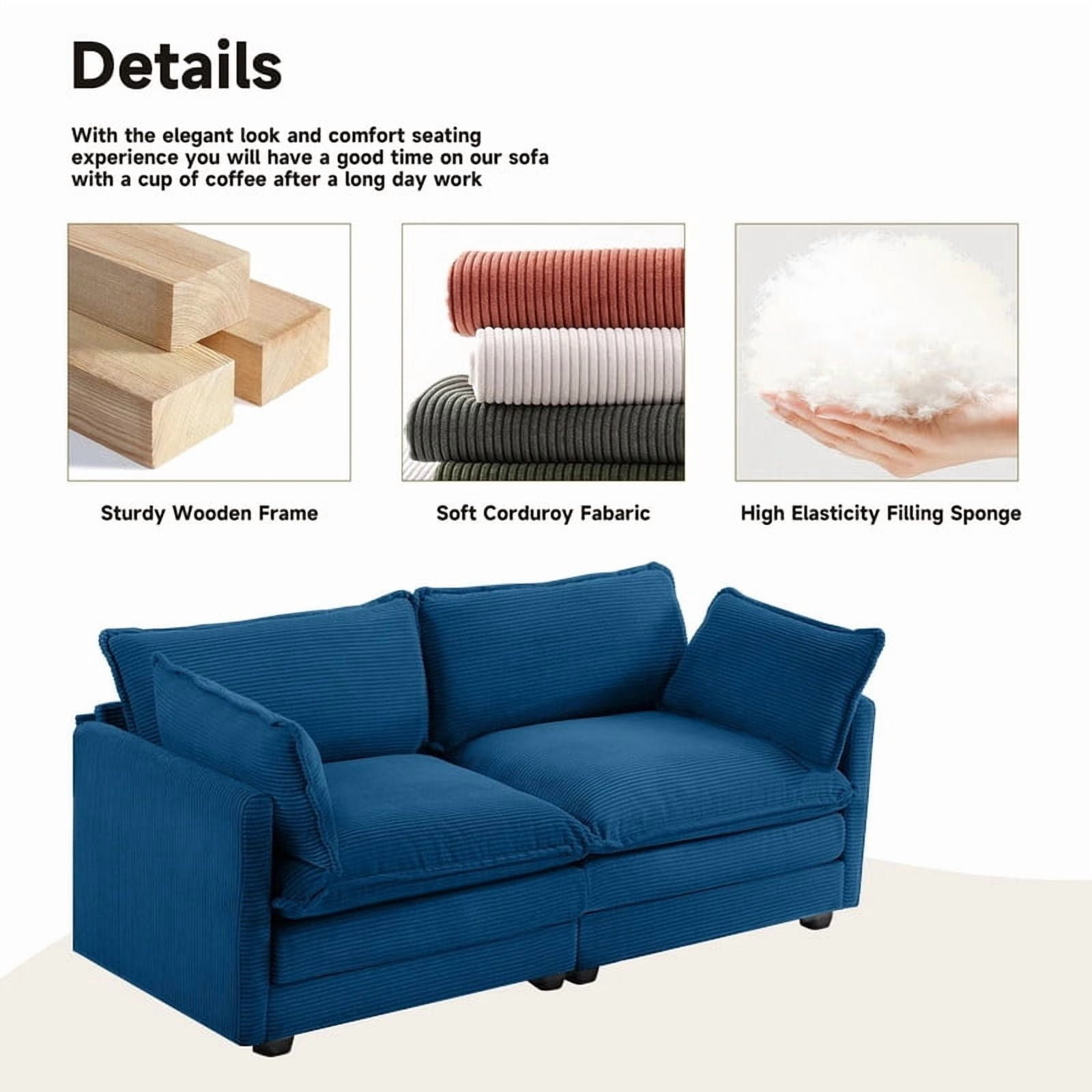 RIAFUN 2-Seat Cloud Loveseat, 78" Oversized Corduroy Modular Sofa, Convertible Deep Seat Couch with Removable Cushions & Pillows, Sturdy Wooden Frame for Living Room, Navy