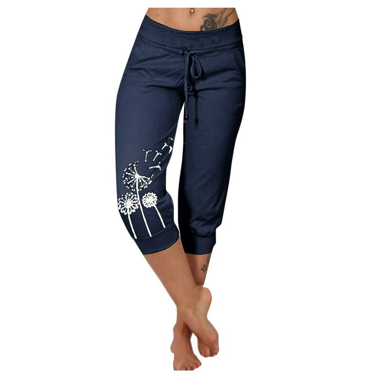 TQWQT Womens Capri Yoga Pants Loose Fitting Yoga Pants Comfy Lounge Workout  Capris Sweatpants with Pockets,Navy XXXXL