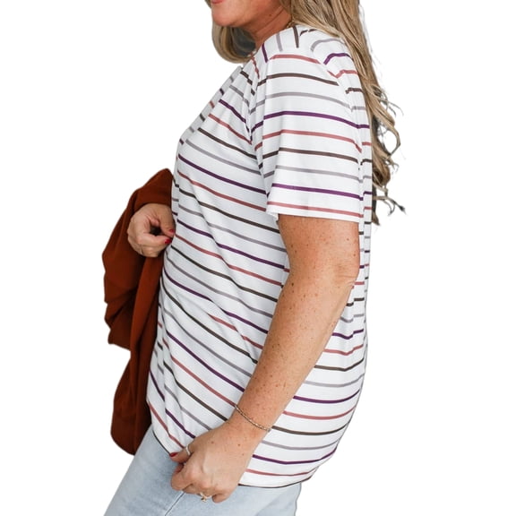 Women's White Stripe V Neck Casual Tee – Effortless Summer Style for Daily Wear, 4X