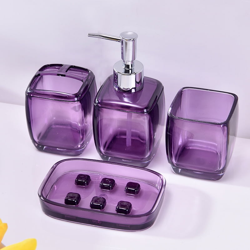 Purple Bathroom Accessories Set 4 Pcs Acrylic Gift Set Bathroom Decor Accessories with Toothbrush Holder Toothbrush Cup Soap Dispenser,Soap Dish