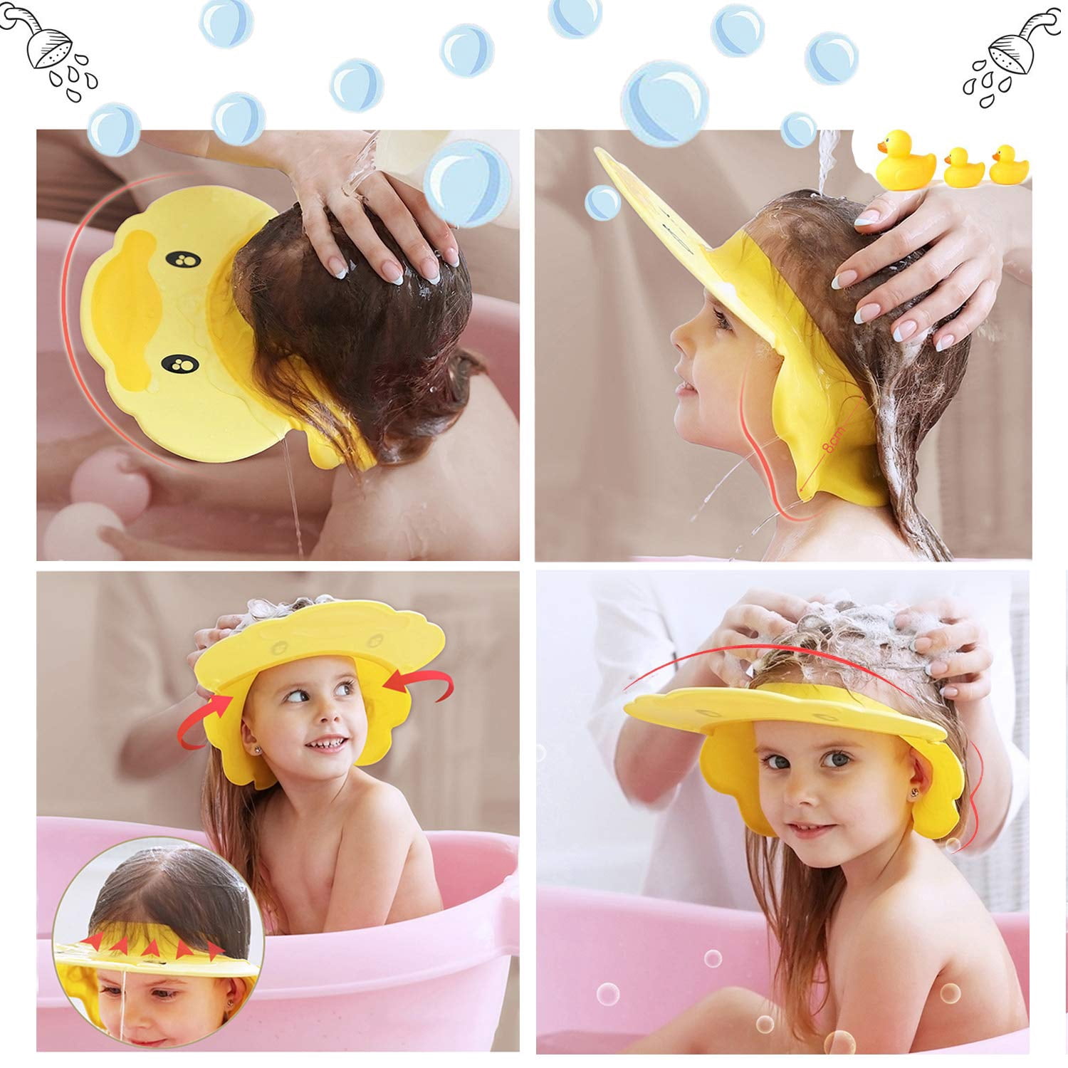 Bonnet De Douche Bébé Imperméable | Protection Yeux/Oreilles - Tissu Élastique - Pour Bain Et Shampooing (Rose)