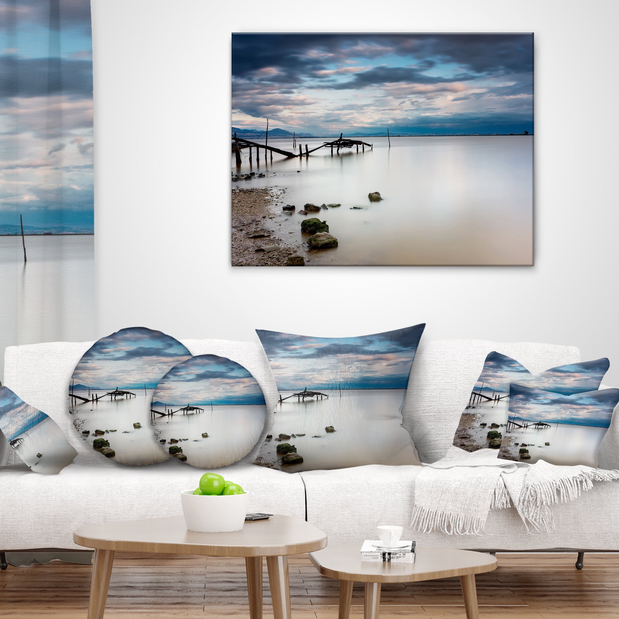 Designart Magic Sunrise with Old Wooden Pier - Pier Seascape Throw Pillow - 18x18