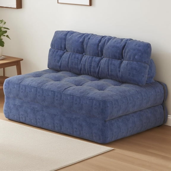 Folding Sofa Bed, Floor Folding Couch with Pillow, Futon Sofa Bed Convertible Sleeper Chair Foldable Mattress Back Support, Portable Fold Out Couch, Full, Corduroy, Dark Blue