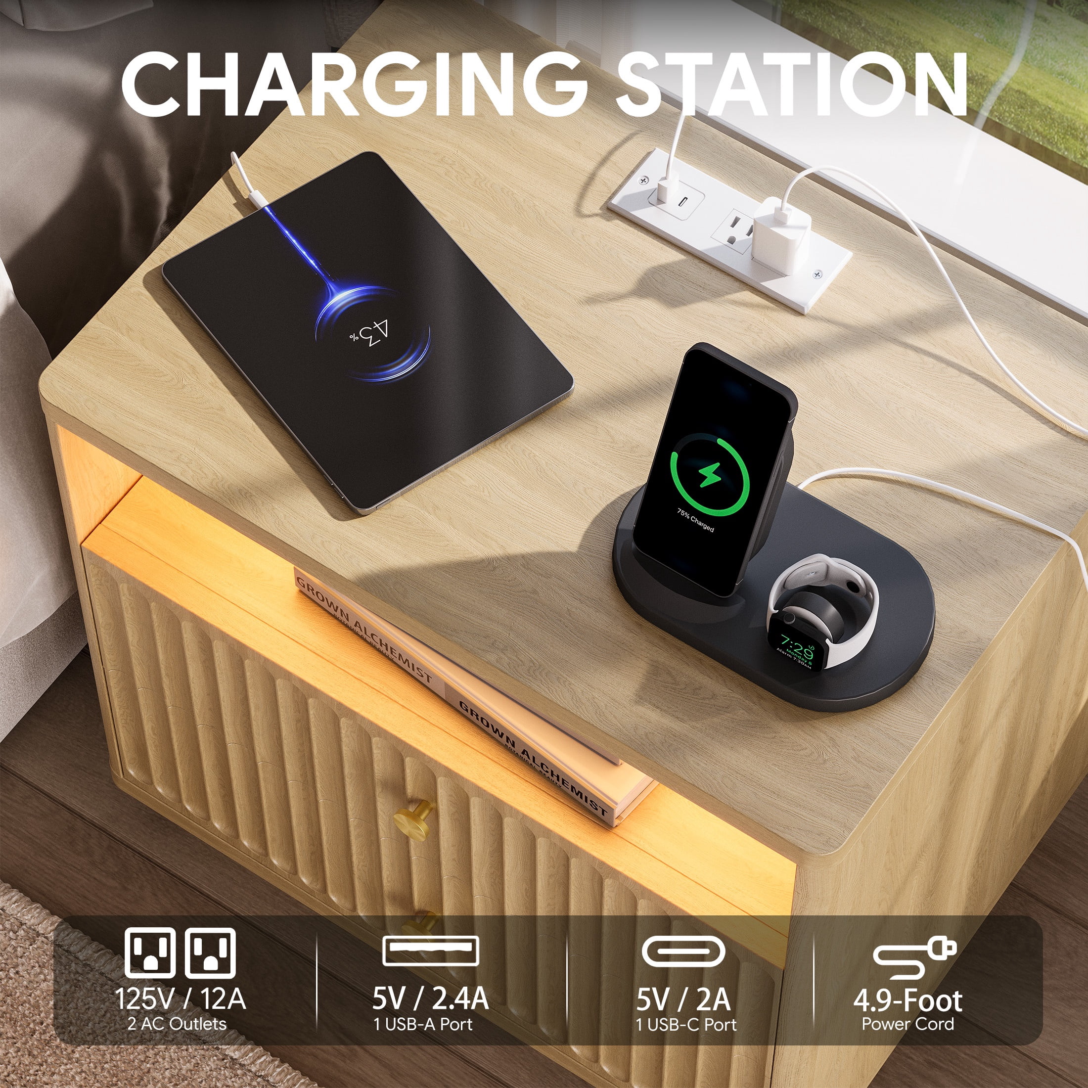 PAPROOS Nightstand with Charging Station, Large 2 Drawers Nightstand with Motion Sensor Light and Curved Corner Design, Fluted Extra Wide Bedside Table for Bedroom, Natural Oak