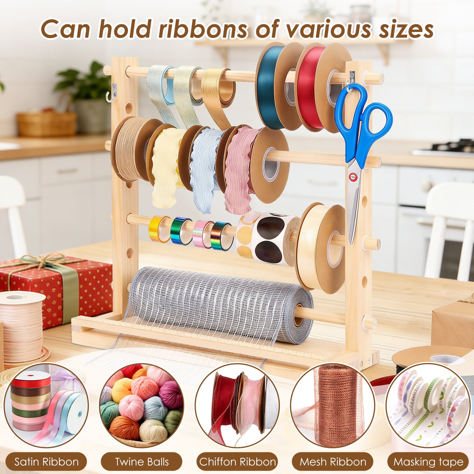 Threns Wooden Ribbon Storage Rack,4 Tier Ribbon Storage Organizer,Thread Washi Tape Spool Holder Organizer for Sewing Craft Wreath Crochet Roll Florist Arts Wrapping Gift,15.7"