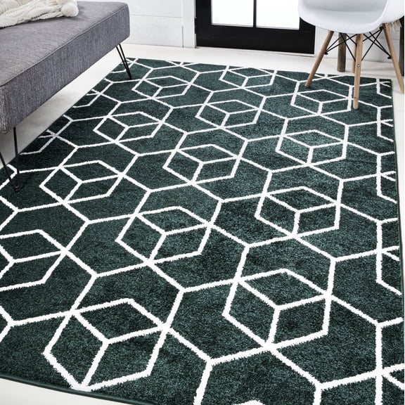 JONATHAN Y SUPERSOFT 4 x 6 Area Rug, Tumbling Blocks Modern Geometric - Green/White, SEU101D-4