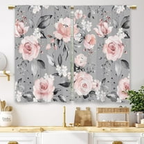 Grey Pink Rose Kitchen Curtains Flower Spring Floral Small Short Cafe Window Curtains Leaves Plant Blossom Rod Pocket Bathroom Window Drapes Treatment Tier Curtains 2 Panels (27.5x39 Inch)
