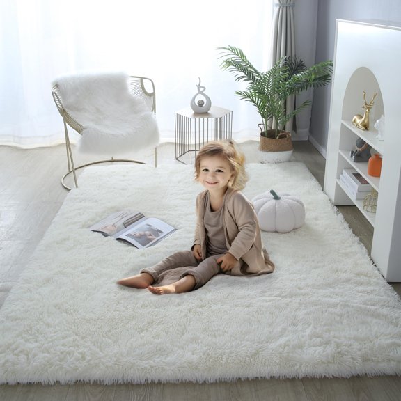 SHIPKEY Beige Area Rugs 4’x5.3’ (120x160 cm) Soft Indoor Rugs, Fluffy Shaggy Carpet for Bedrooms, Living Room, Home Décor