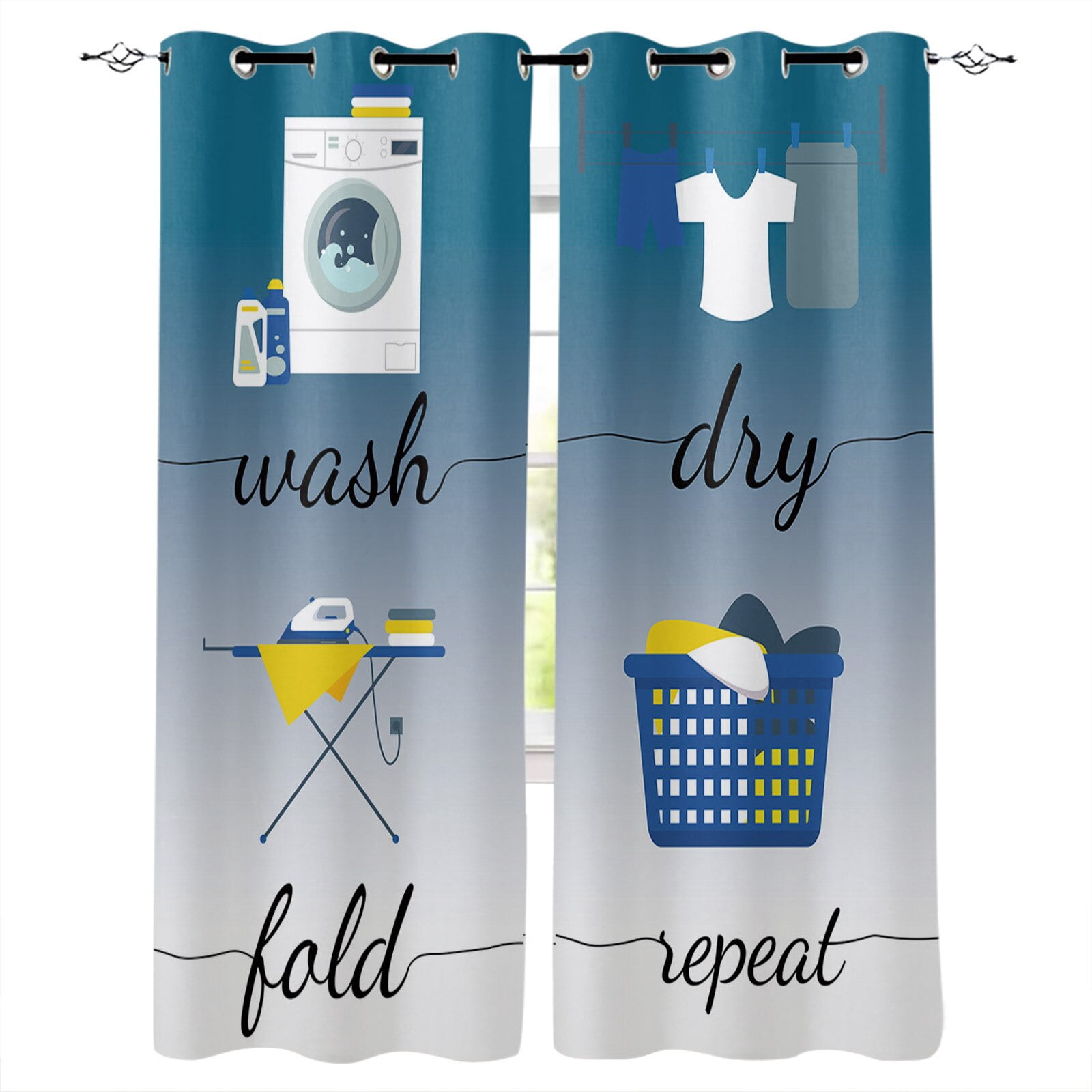Laundry Room Washing Machine Clothes Drying Text Curtains Drapes For