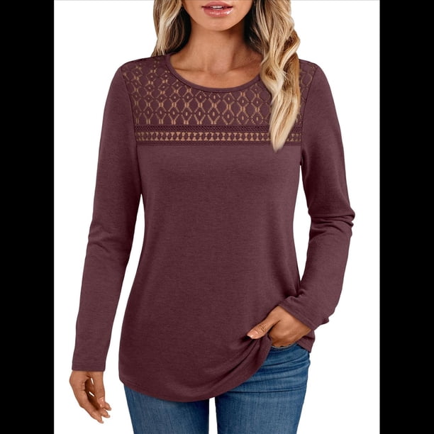 Blusas de Larga para Mujer, Blusas Elegantes e Informales, Camisetas de Encaje para Negocios, Moda de Otoño 2025. Rojo Vino M