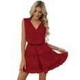 thumbnail image 3 of Womens Spring Summer 2025 Sleeveless Split V Neck Ruffle Chiffon Elegant Mini Short Skirt Dresses Wine Red S, 3 of 9