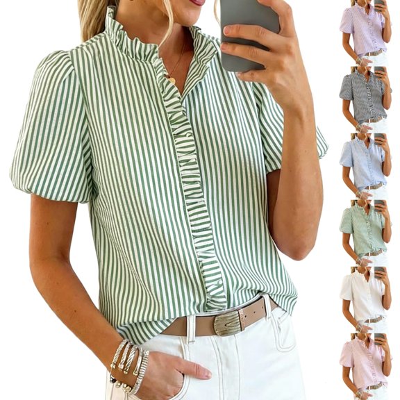 VJGBEGW Women Striped Blouses Spring Summer Ruffle Collar Puff Sleeve Button Down Shirts Business Casual Tops Green L