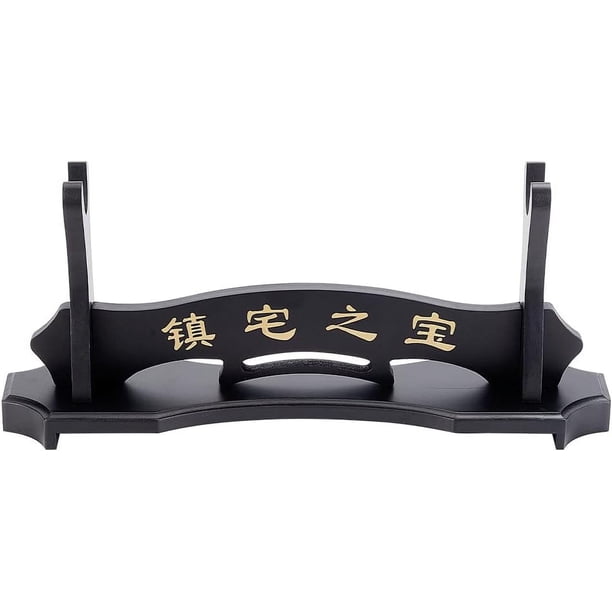 Soporte de madera para katana, estante de madera para katana, soporte de exhibición samurái, soporte de exhibición negro con caracteres chinos para katana, wakizashi y tanto.