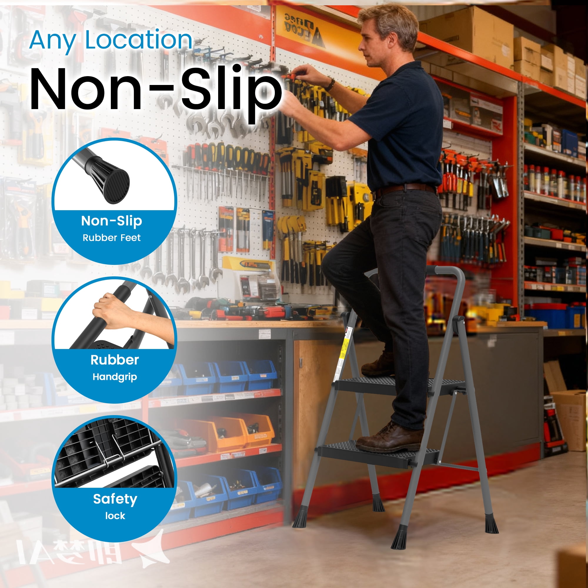 HBTower Steel 2 Step Ladder with Anti-Slip Pedals, 330lbs Capacity, Lightweight for Home Use, Gray
