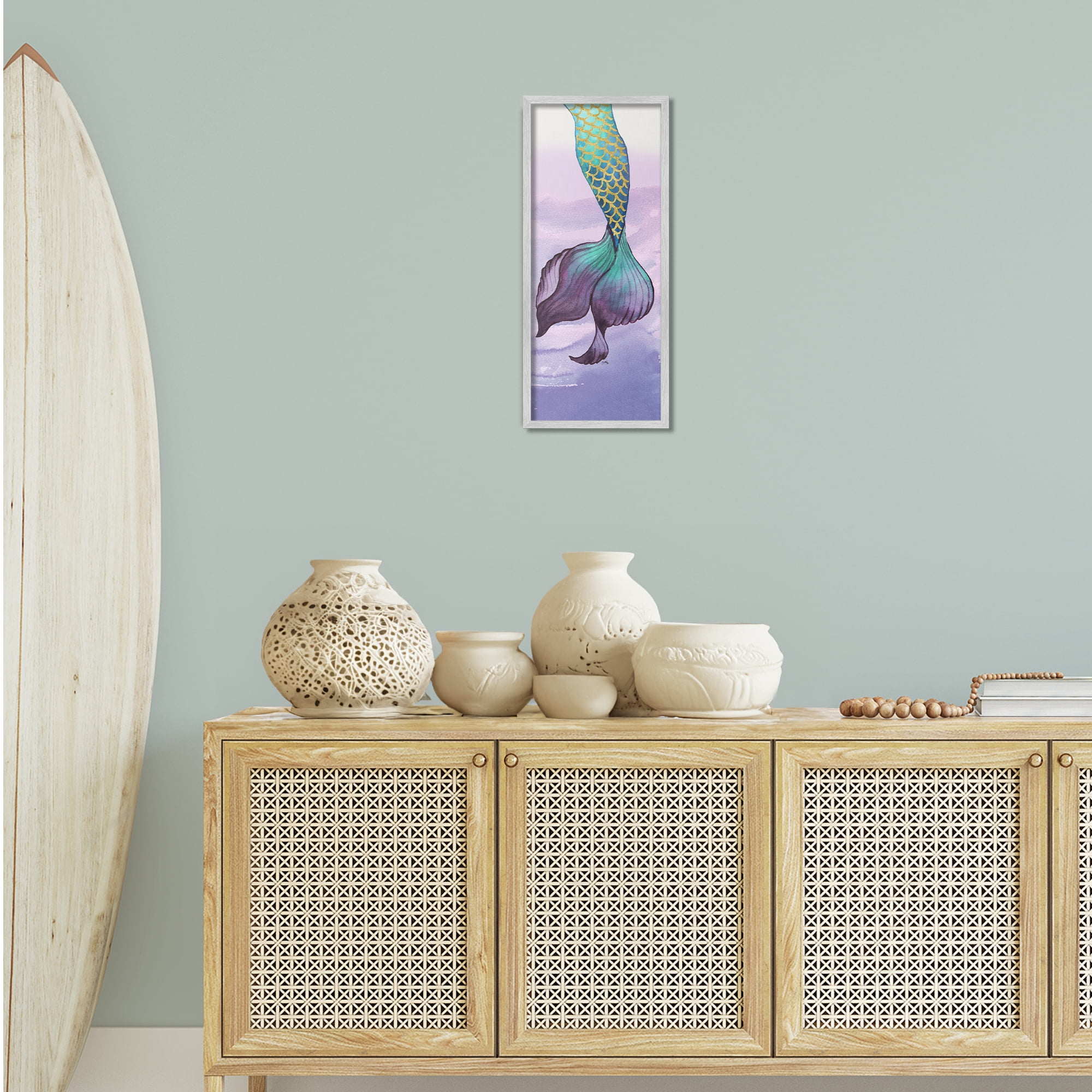 Stupell Industries Glam Accent Mermaid Tail Fairy Tales & Fantasy Painting Gray Framed Art Print Wall Art, 10 x 24