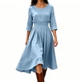 thumbnail image 2 of Nmnitkp Dresses for Women Crew Neck 3/4 Sleeve Solid Midi Dress Elastic Smocked Waist Loose Flowy Casual Dress for Brunch Everyday Wear Fall Outings and Casual Office Occasions Light Blue,S, 2 of 6