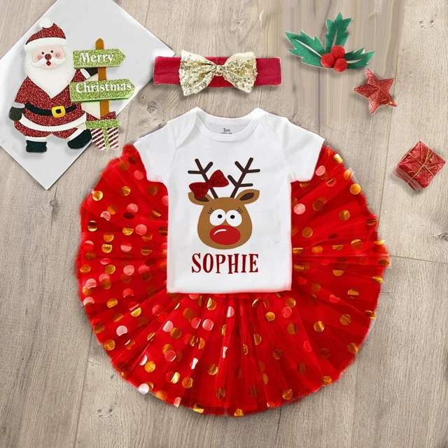 Conjunto de body de bebé de Navidad con ciervo personalizado y nombre, falda tutú, vestido de pastel para bebé, mono de niña, ropa para niña pequeña