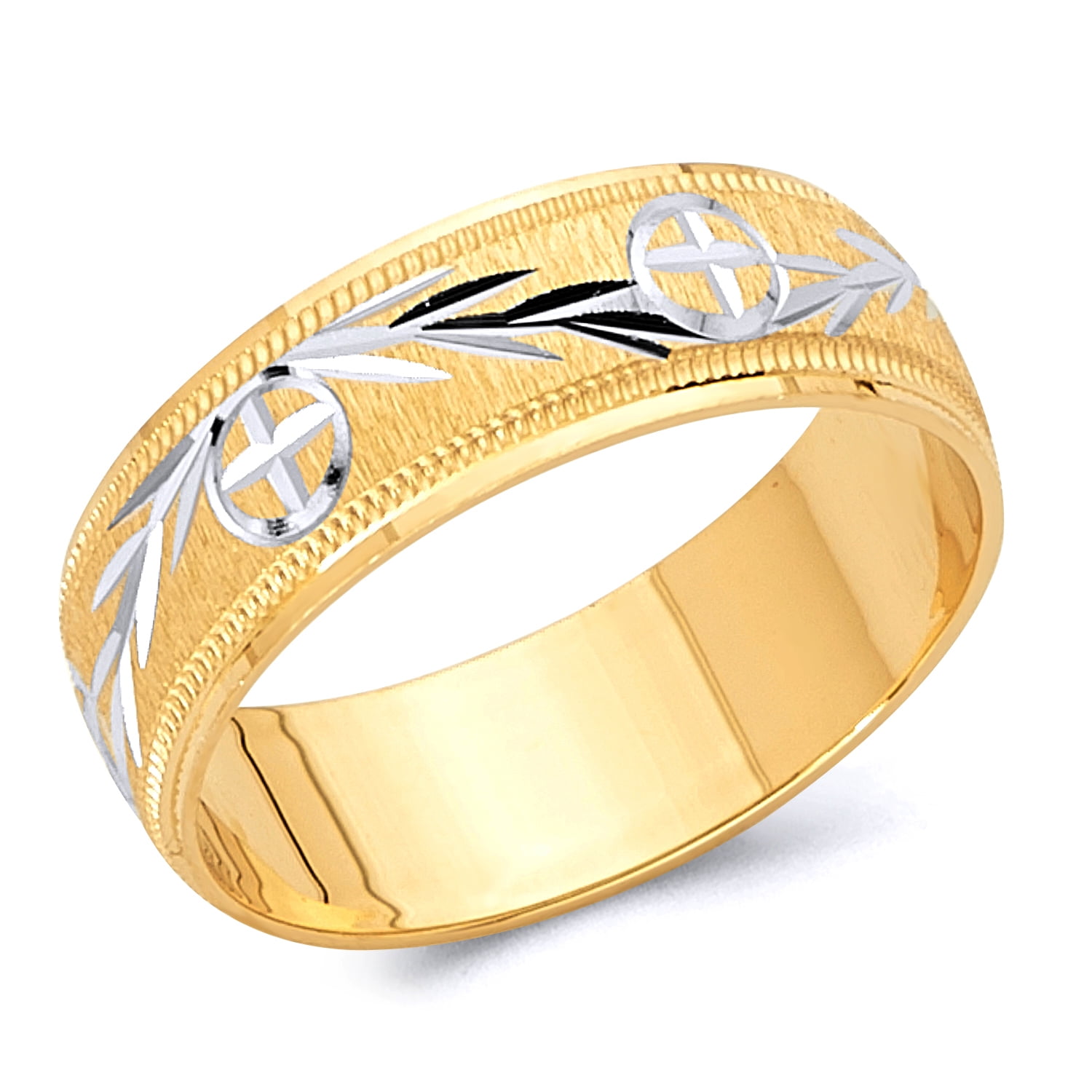 Wellingsale 14k Two 2 Tone White and Yellow Gold Polished Satin 6MM Diamond Cut Classic Fit Wedding Band Ring