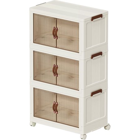130 QT Large Storage Bins with Lids, Stackable Storage Bins Open Front, Plastic Storage Containers with Wheels for Clothes, Home, Room, 3 Tiers