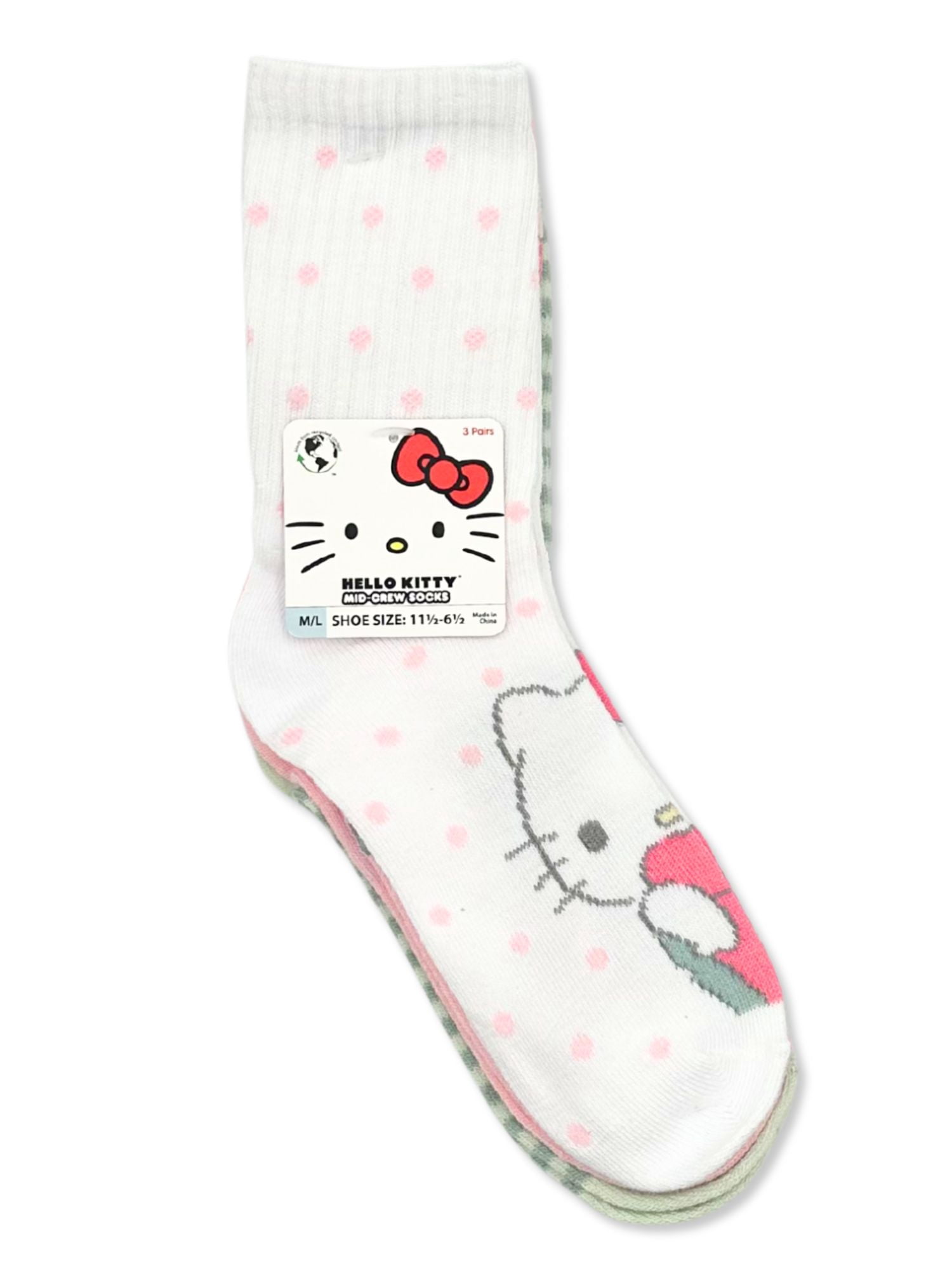Hello Kitty Girls Mid-Crew Socks, 3-Pack, Sizes S/M-M/L