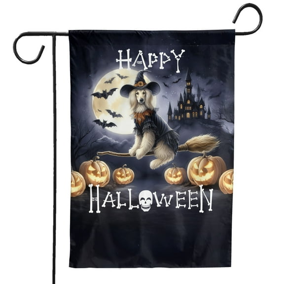 Happy Halloween Afghan Hound Witch Pumpkins Bats Garden Flag 12x18in Double Sided Dog Lover Outdoor Decor - 13012