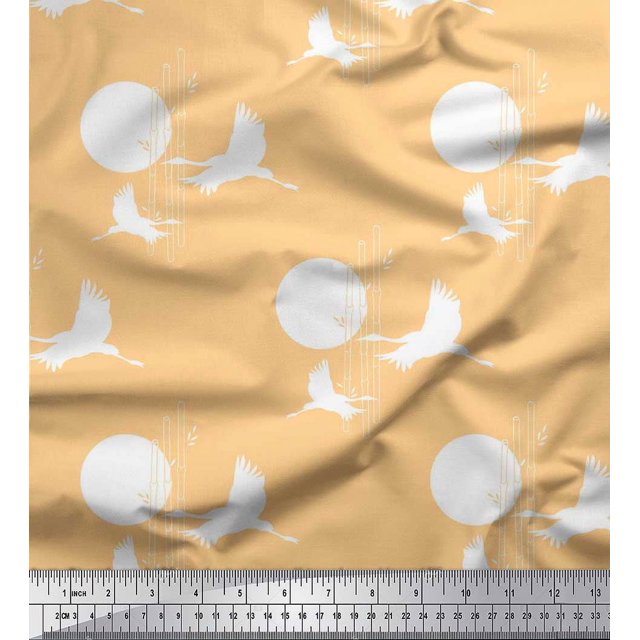 Soimoi Cotton Cambric Fabric Bamboo Tree,Moon & Stork Bird Print Sewing Fabric Yard 56 Inch Wide