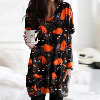 Women Loose Hooded Dress with Pockets Casual Long Sleeve